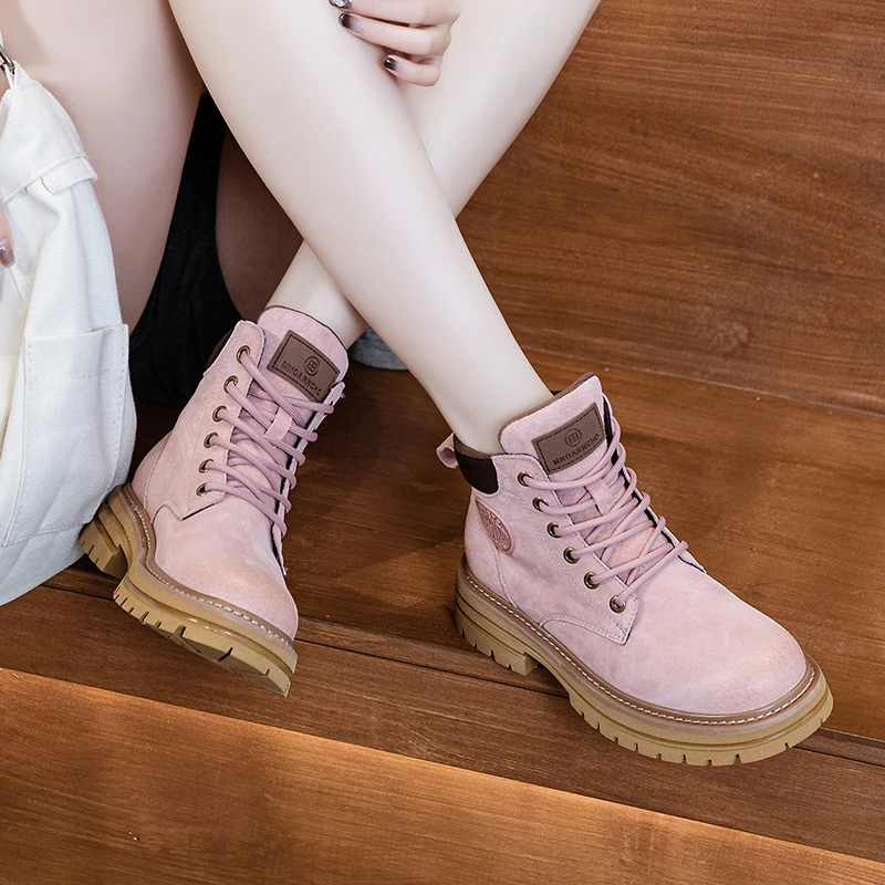 欧洲站复古机车粉色马丁靴女秋季内增高厚底工装加绒情侣款大黄靴