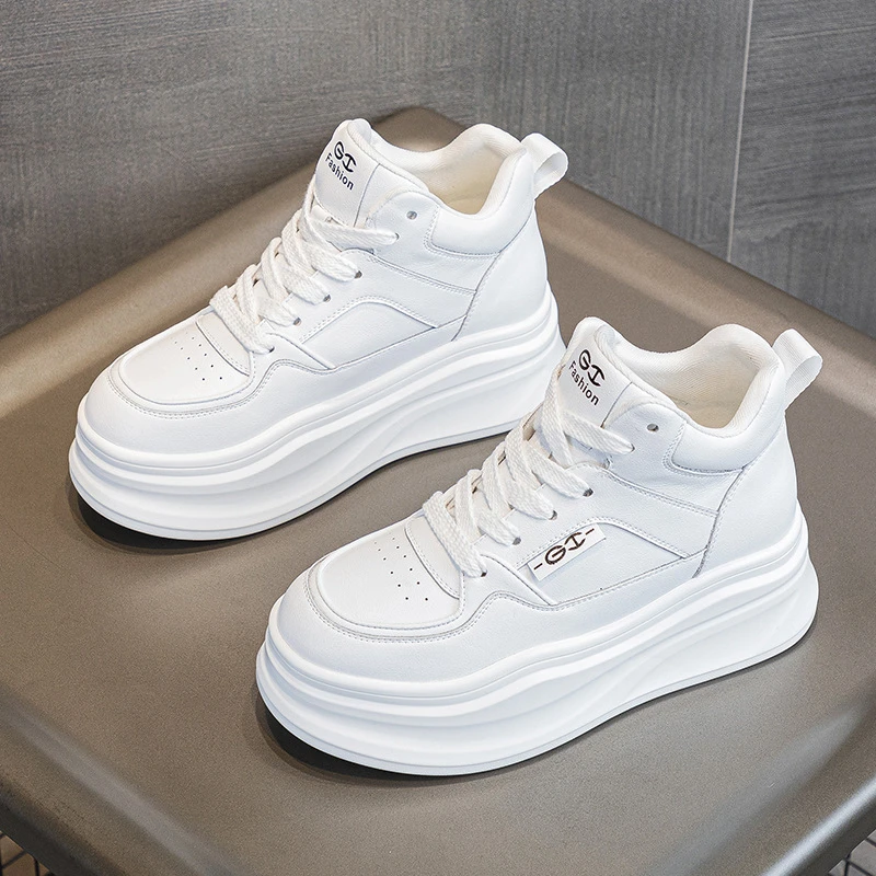 时尚小白鞋女厚底松糕增高2025春季新款真皮百搭爆款高帮鞋休闲鞋