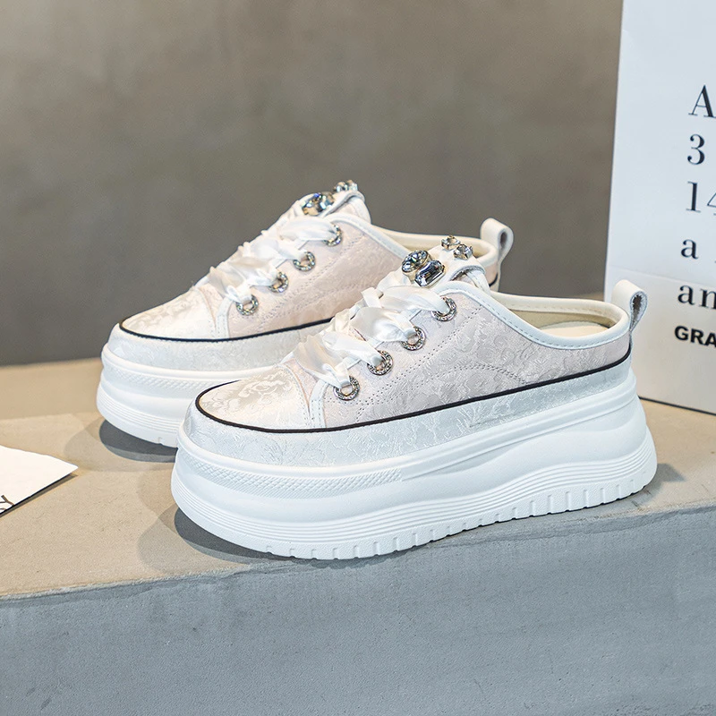 厚底松糕内增高8cm包头拖水钻国风绸缎布无后跟休闲懒人拖鞋女潮