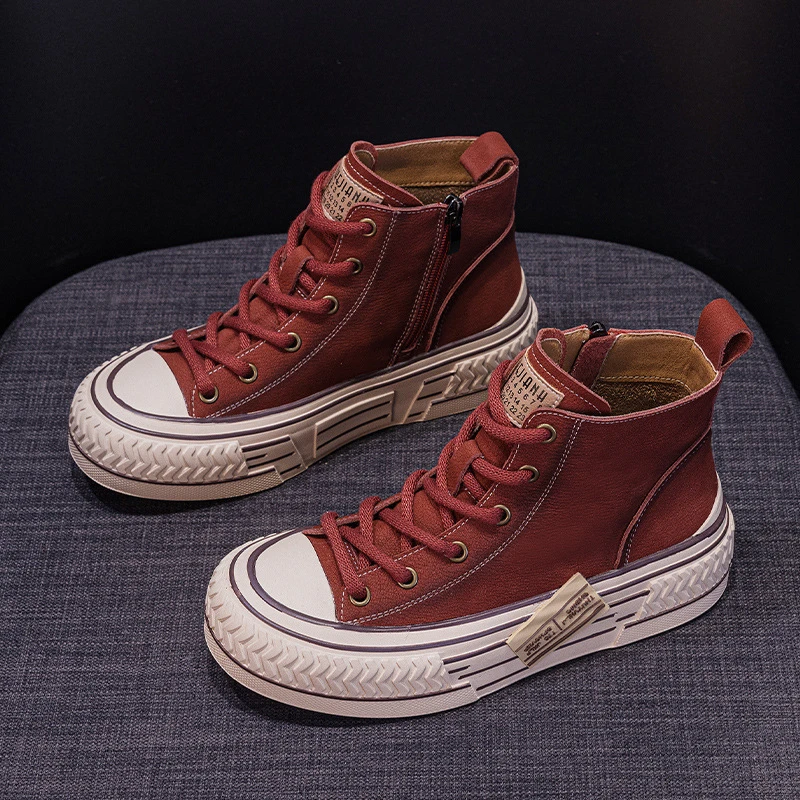 头层牛皮高帮板鞋女2024秋季新款真皮厚底百搭平底休闲鞋软底女鞋