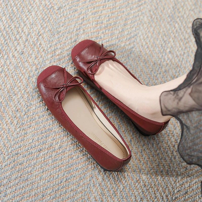 复古拼色一脚蹬软底奶奶鞋女2024夏季新款法式蝴蝶结低跟浅口单鞋