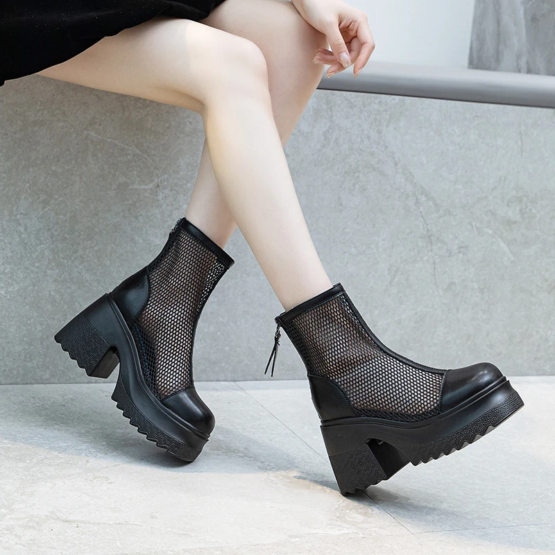 10cm小个子镂空真皮网靴女2024春夏季新款透气百搭凉靴短筒瘦瘦靴
