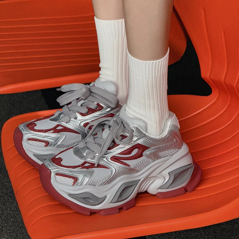 厚底网面老爹鞋女2024秋季新款百搭时尚休闲鞋增高透气系带运动鞋