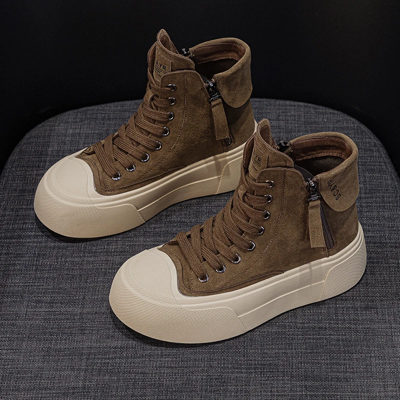 真皮厚底高帮鞋女2024秋季新款复古休闲短靴女百搭学生休闲板鞋潮