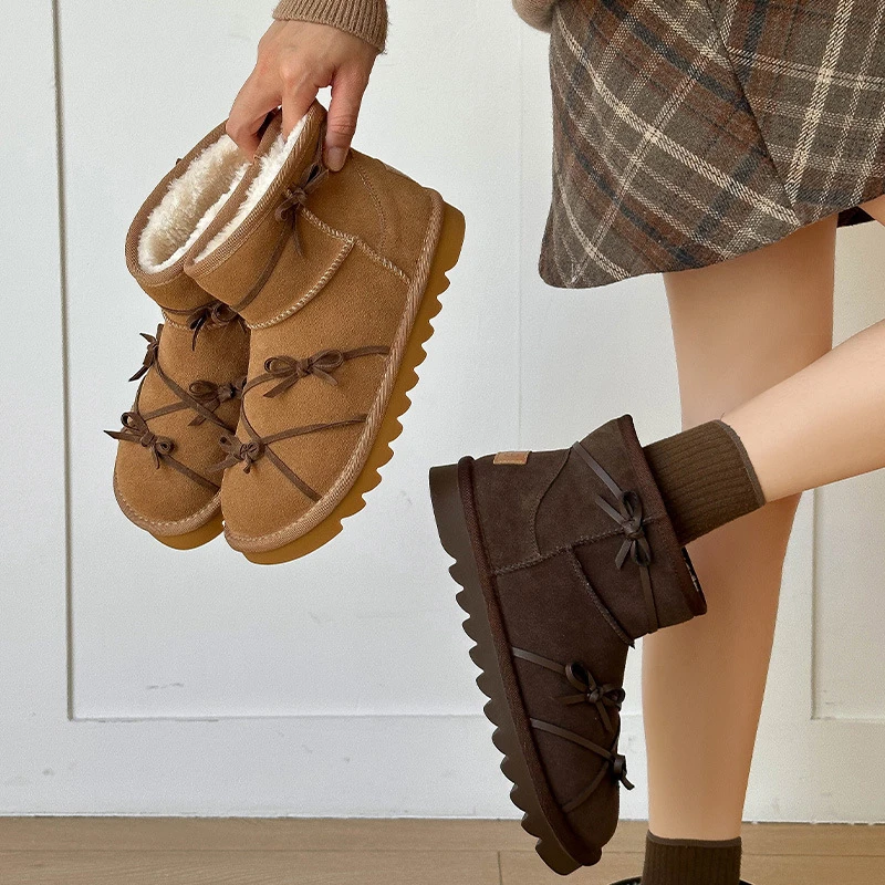 绑带蝴蝶结短筒加绒加厚底雪地靴女2024冬季新款一脚蹬保暖毛毛靴