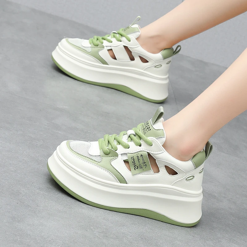 真皮凉鞋女2024夏季新款镂空休闲时尚小白鞋女厚底复古增高板鞋潮