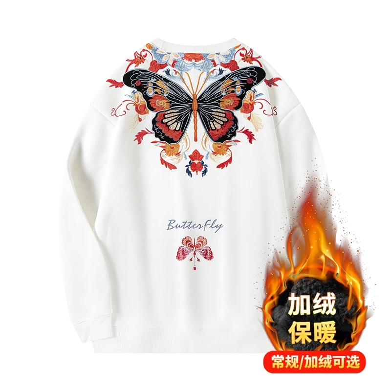 2024秋季中国风庄周梦蝶刺绣圆领长袖潮流复古运动情侣套头卫衣男