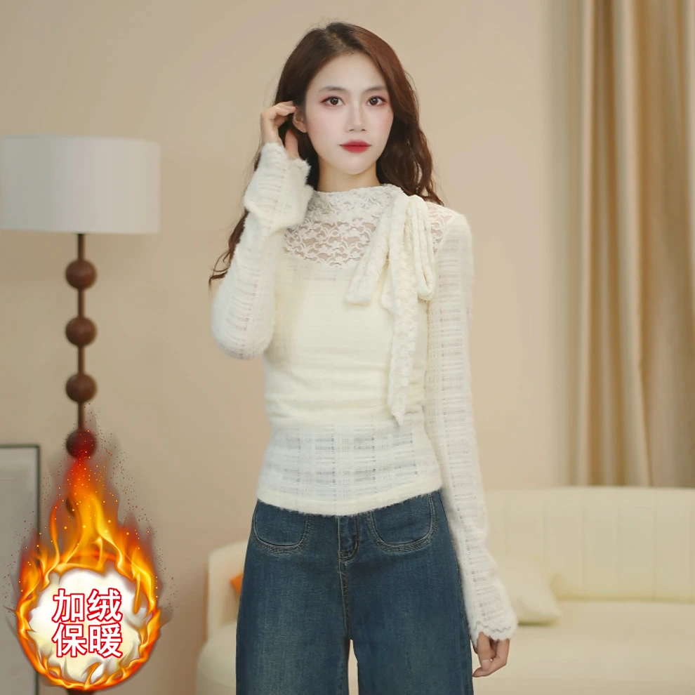 冬季温柔风法式长袖蕾丝上衣女修身收腰显瘦气质显瘦纯欲打底衫女