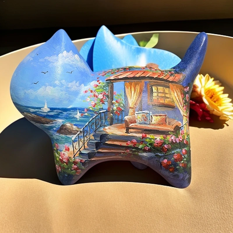 【约7cm】实心檀木创意摆件手工绘画原创设计猫咪装饰品