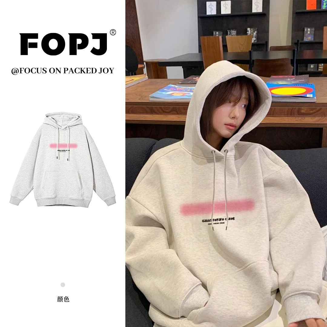 FOPJ港风春秋重磅银狐绒长袖印花宽松连帽卫衣女加绒白灰休闲上衣