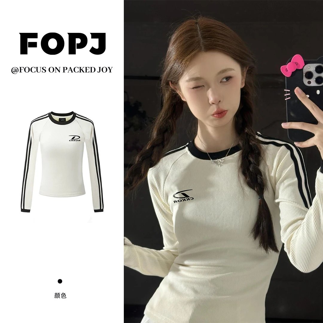 FOPJ重磅精梳棉春秋时尚修身长袖t恤女国潮印花显瘦圆领辣妹上衣