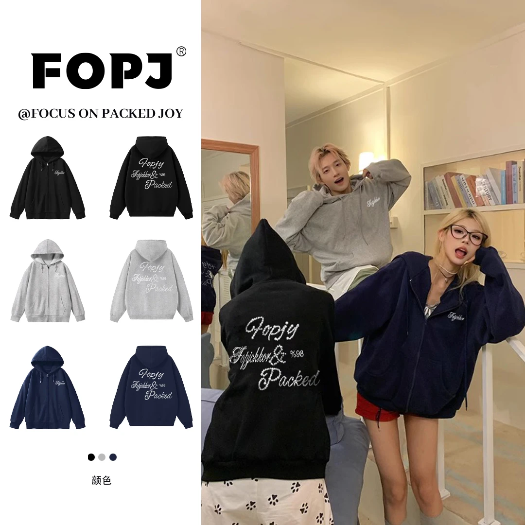 FOPJ春秋季重磅银狐绒连帽拉链韩版卫衣女加绒加厚印花长袖上衣