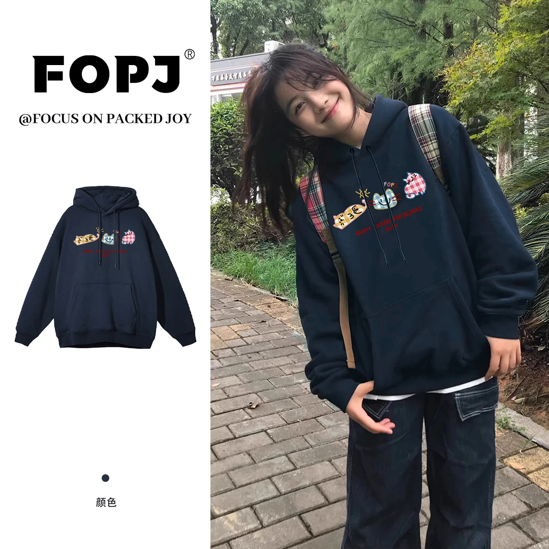 FOPJ雅丹风潮流时尚连帽衫卫衣女春秋季学生宽松国潮印花长袖外套