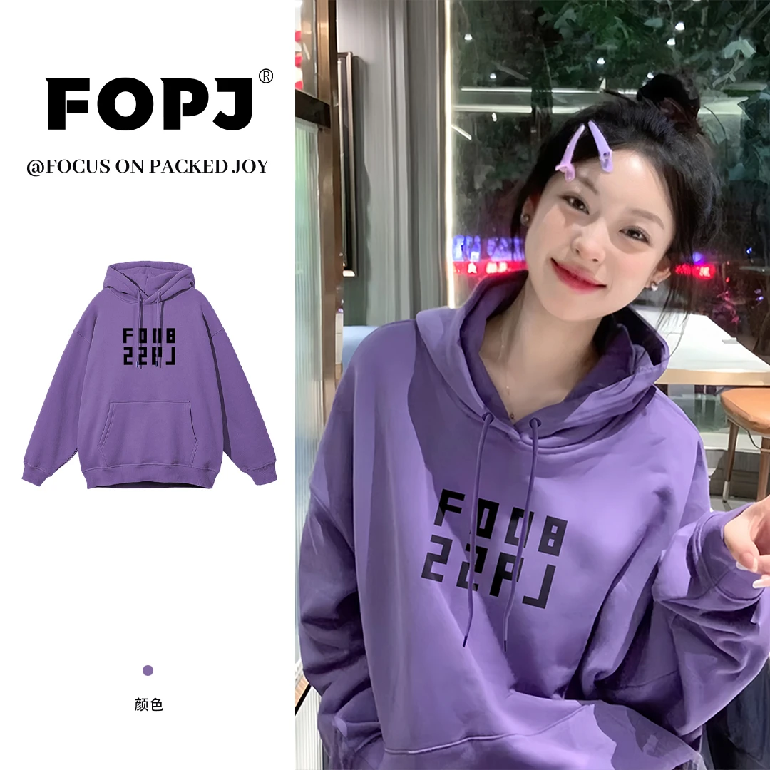FOPJ春秋时尚连帽衫卫衣女印花丁香紫色学生小众宽松加绒长袖外套