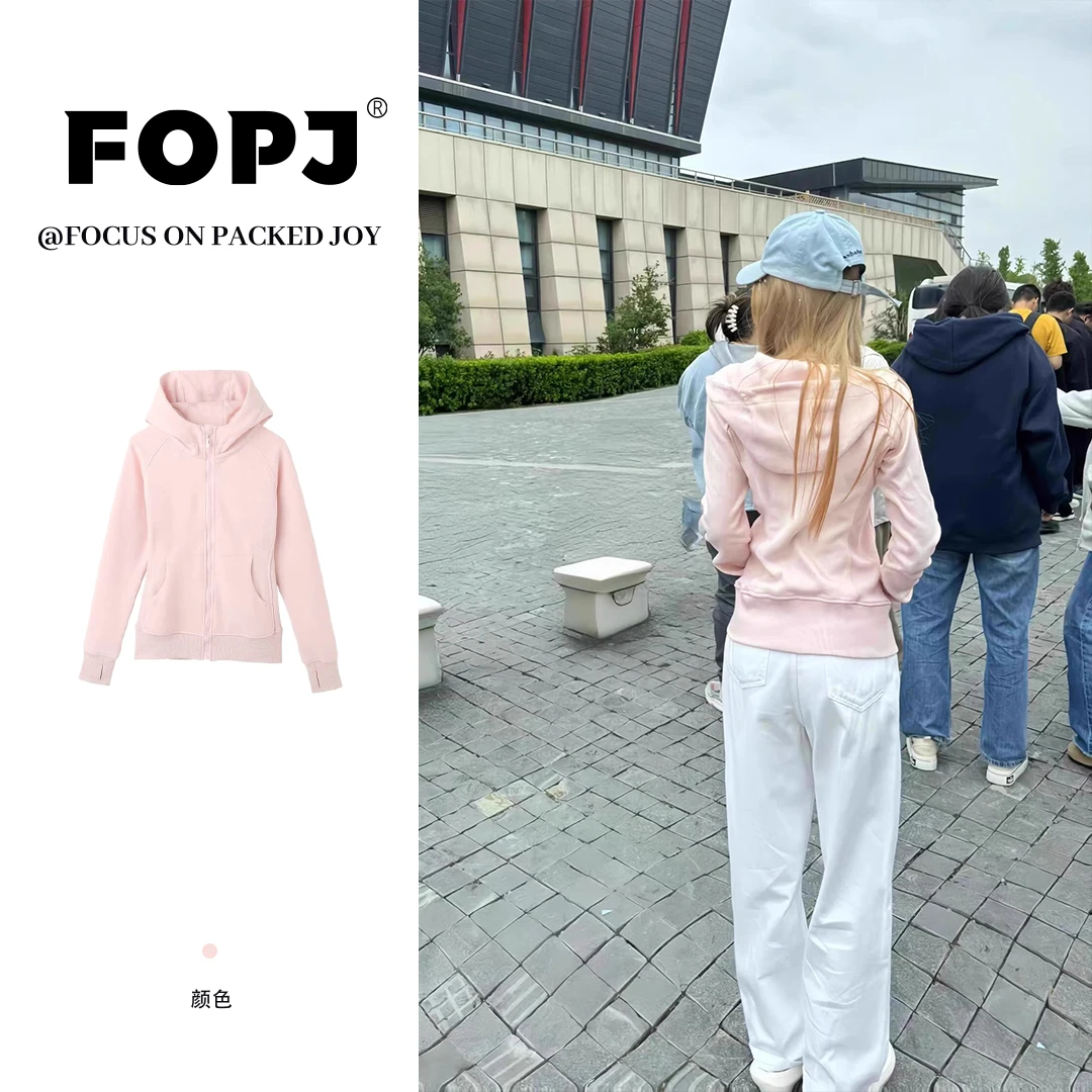 FOPJ春秋季连帽修身开衫卫衣女小众时尚加绒加厚潮流纯色拉链外套