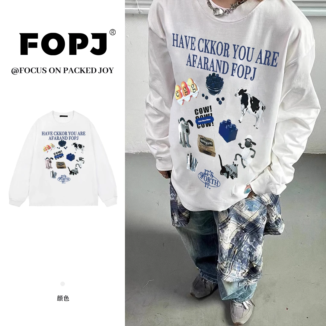 FOPJ重磅硬挺纯棉时尚潮流印花长袖t恤情侣雅丹风宽松圆领上衣ins