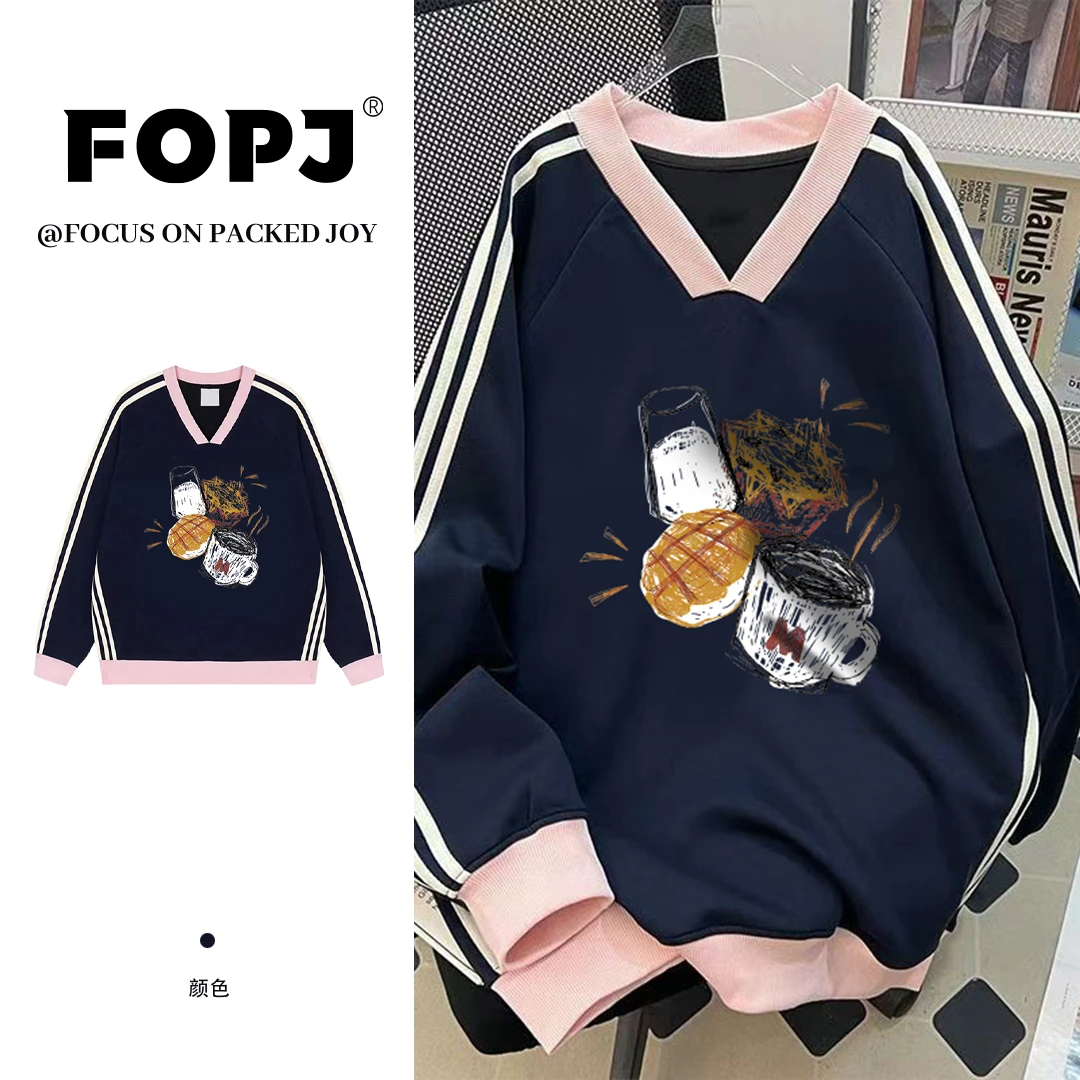 FOPJ时尚宽松V领卫衣女学生春秋季雅丹风长袖薄款国潮印花外套ins