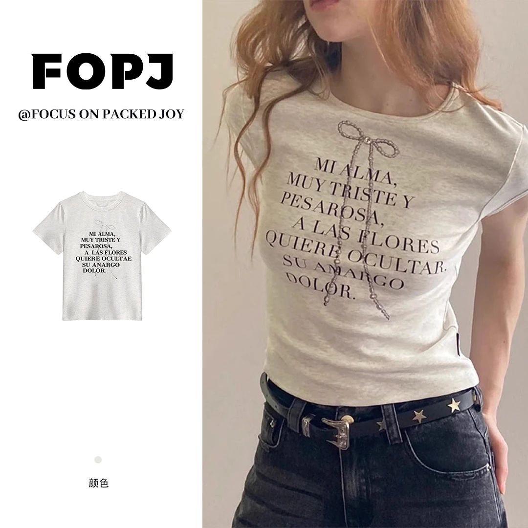 FOPJ重磅精梳棉正肩短袖T恤女复古小众圆领蝴蝶结字母印花修身ins