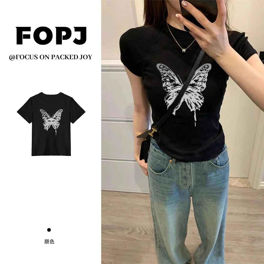 FOPJ重磅精梳棉短袖t恤女夏季修身显瘦气质纯欲风正肩潮流上衣ins