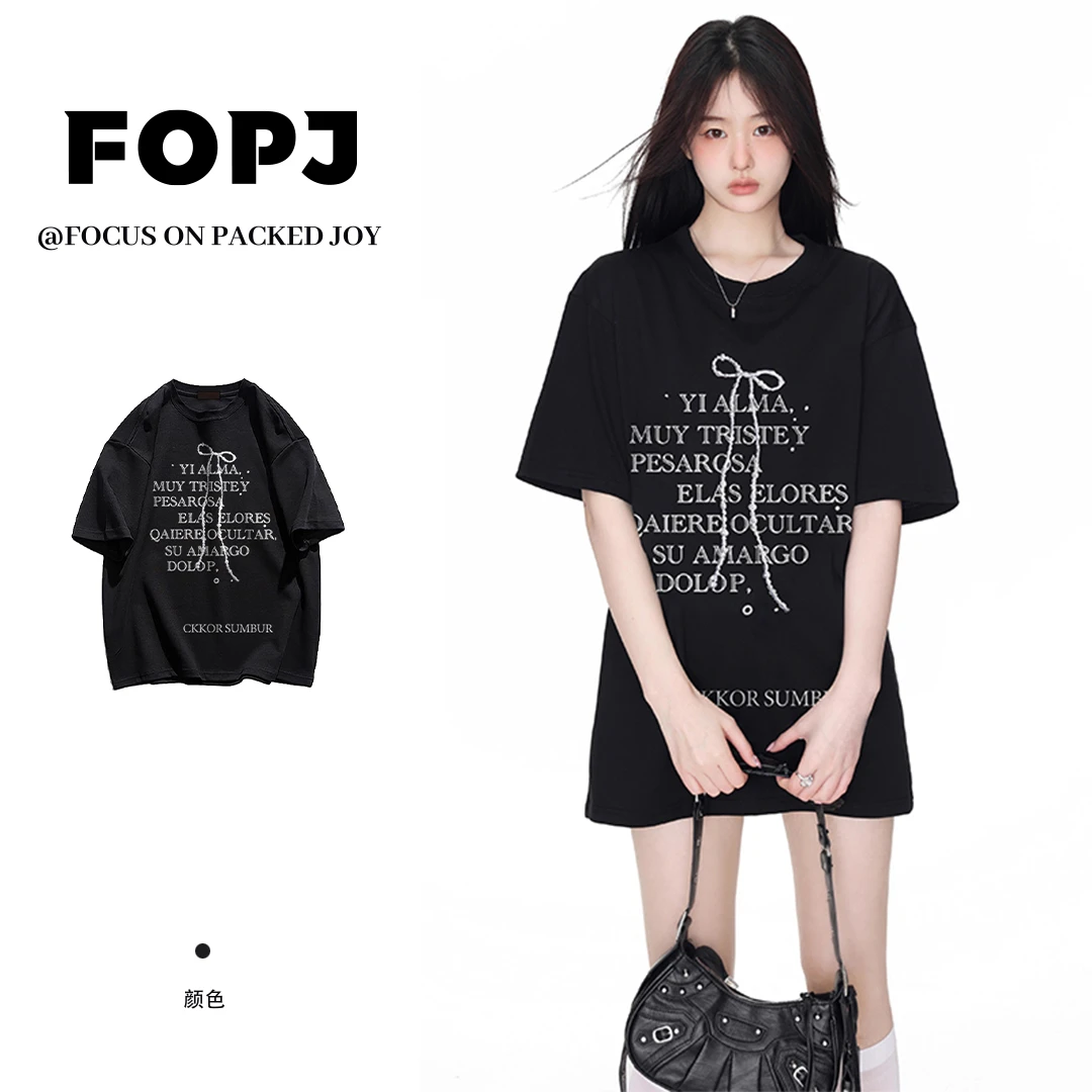FOPJ重磅纯棉休闲黑色短袖女T恤夏季新款复古宽松蝴蝶结字母印花