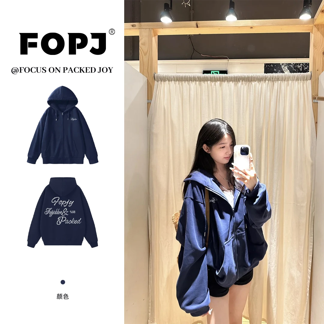 FOPJ美式时尚连帽开衫卫衣女春秋季国潮印花高街潮流宽松加绒外套