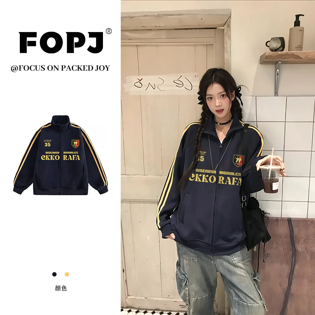 FOPJ美式立领开衫卫衣女春秋季长袖加绒加厚新款潮流印花拉链外套