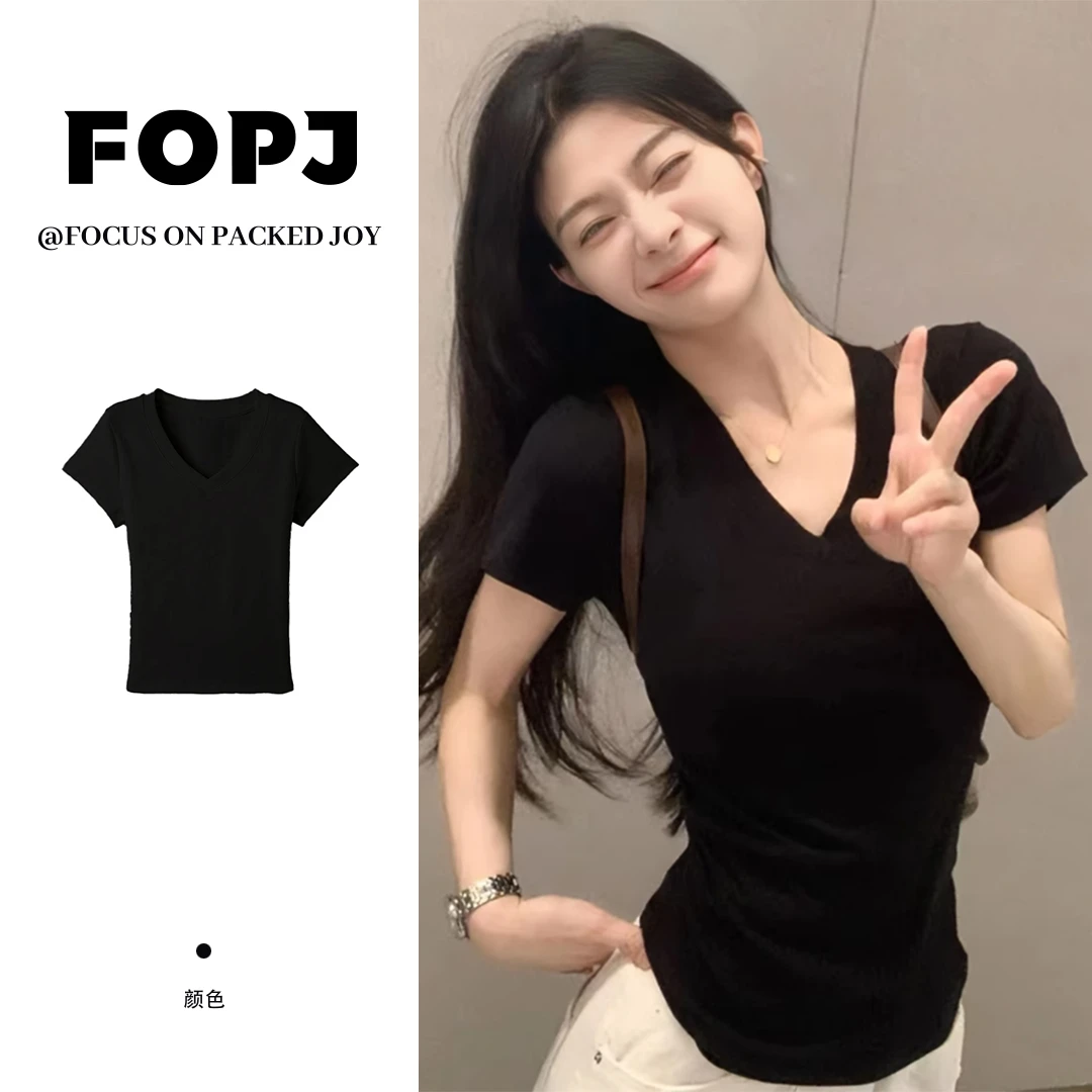 FOPJ重磅精梳棉夏季修身短袖t恤女辣妹纯色小众V领黑色上衣正肩