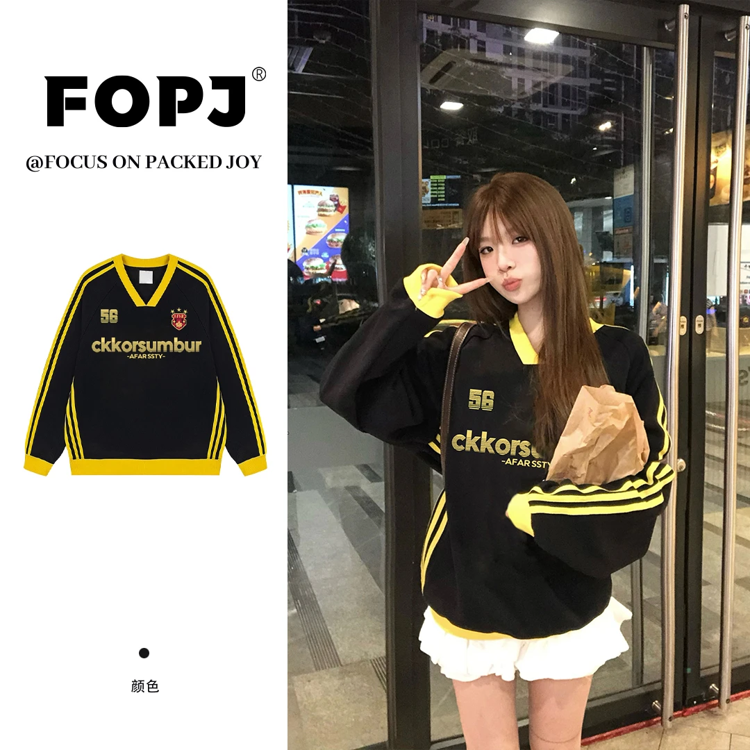 FOPJ美式时尚潮流V领无帽卫衣女春秋季宽松国潮印花长袖高街外套