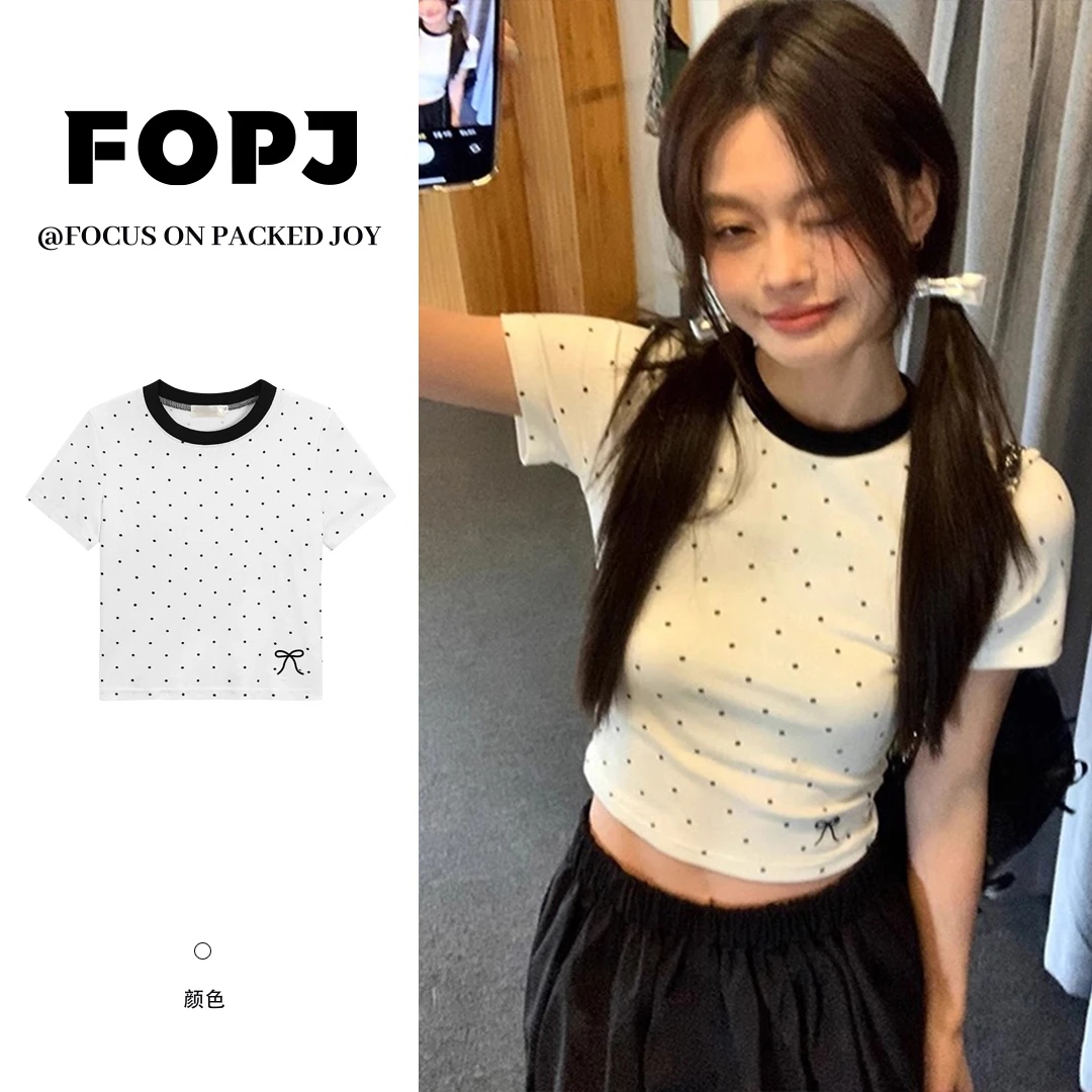 FOPJ重磅精梳棉夏季辣妹短袖t恤女蝴蝶结印花短款修身圆领上衣ins