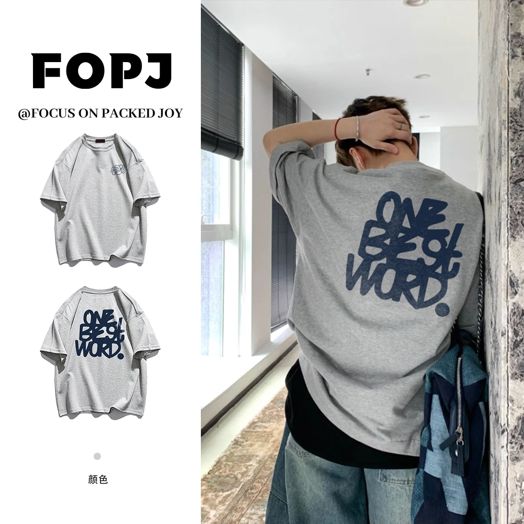 FOPJ重磅硬挺纯棉国潮字母印花短袖T恤男士运动休闲宽松圆领上衣