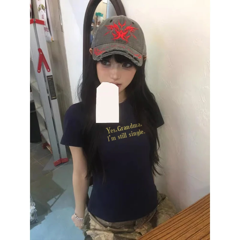 FOPJ重磅精梳棉夏季修身短袖t恤女潮流字母印花学院风藏蓝色上衣