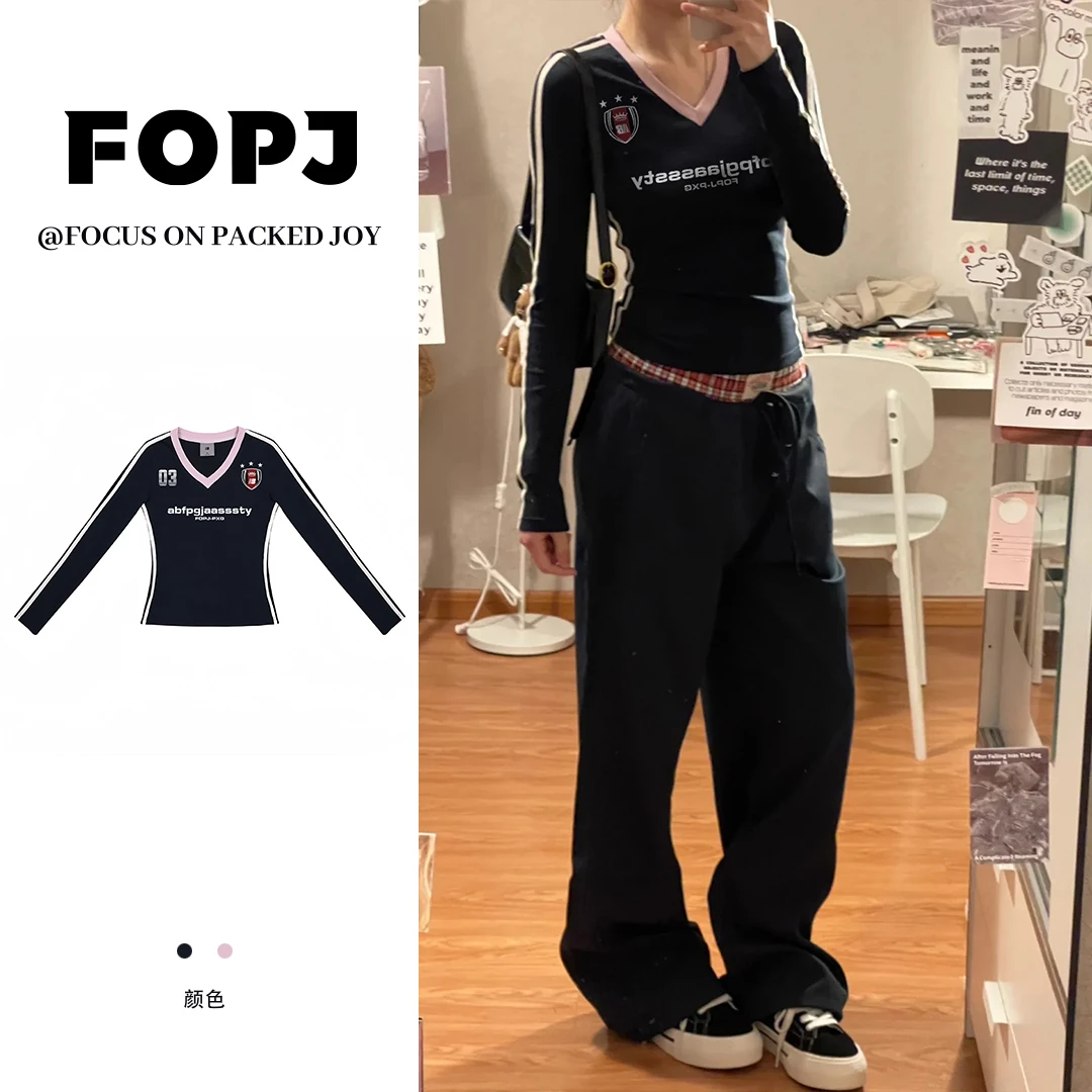 FOPJ重磅精梳棉显瘦时尚长袖t恤女藏青春秋季休闲设计感气质上衣