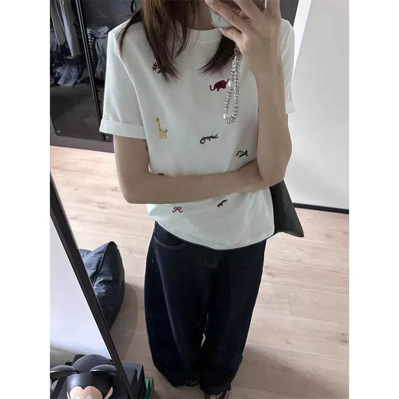 FOPJ重磅硬挺纯棉夏季休闲学院风短袖t恤女印花圆领白色上衣时尚