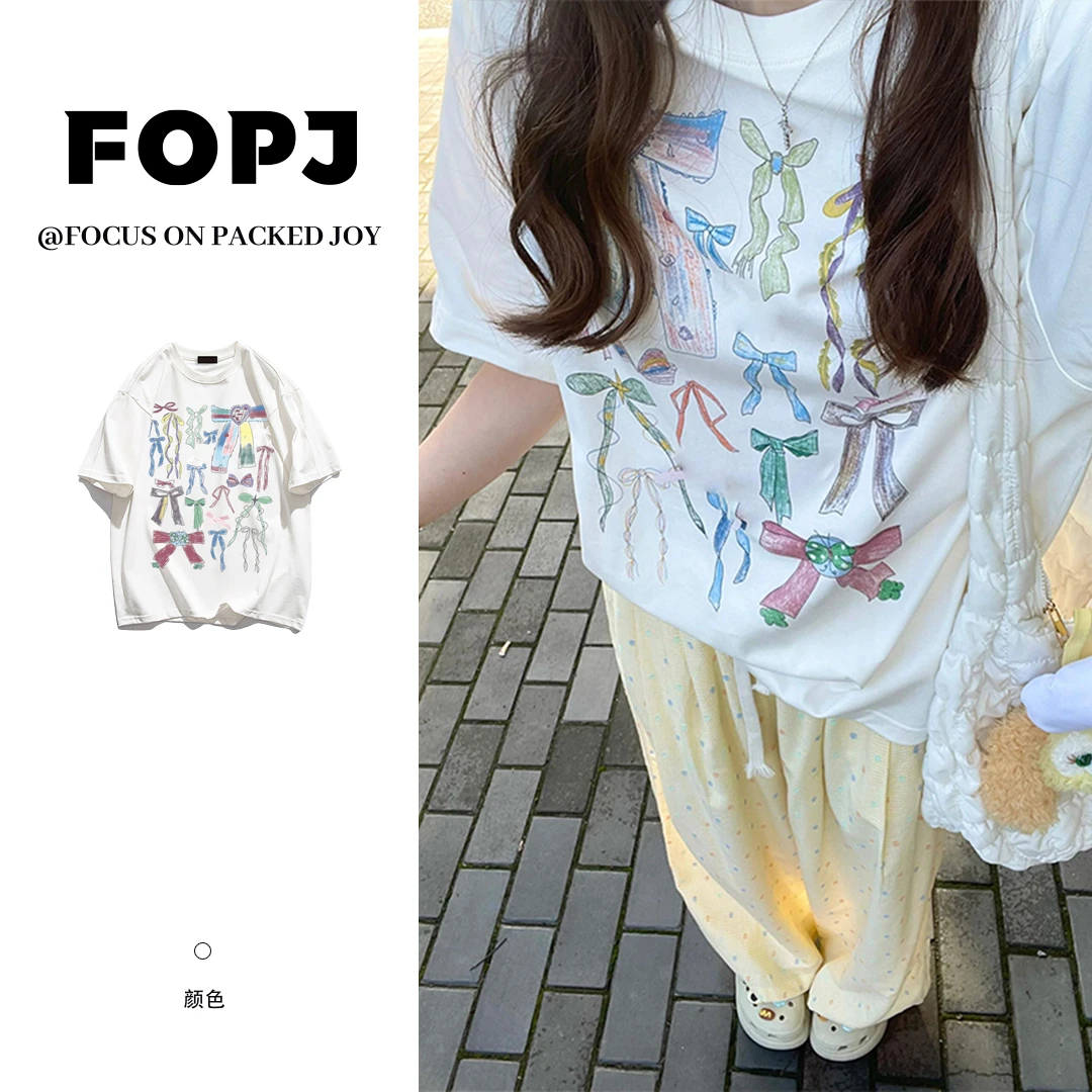 FOPJ重磅硬挺纯棉港风蝴蝶结印花短袖t恤女夏季宽松休闲白色上衣