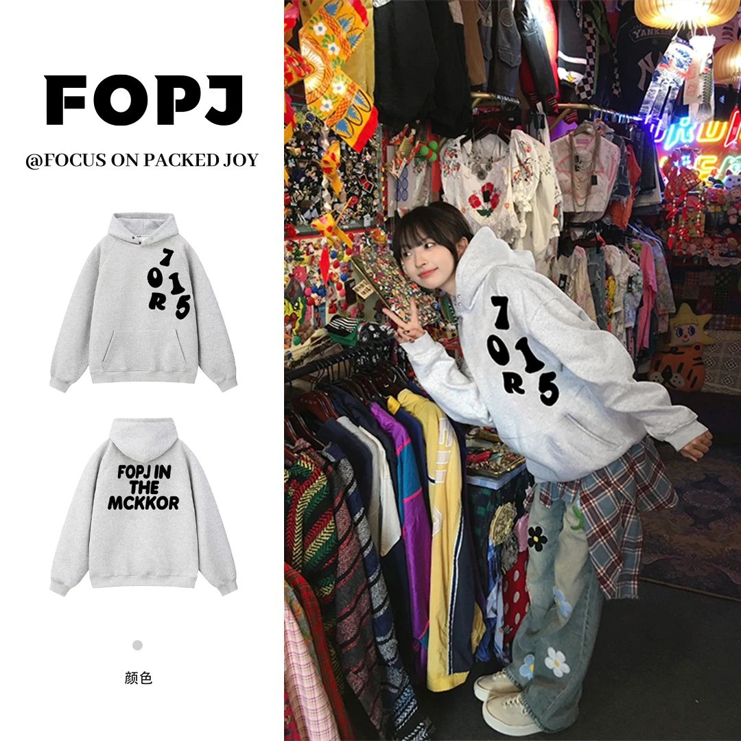 FOPJ美式重磅国潮印花宽松连帽长袖卫衣女春秋季加绒加厚百搭上衣