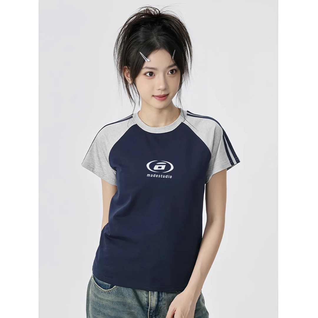 FOPJ重磅精梳棉夏季圆领显瘦短袖t恤女灰拼藏蓝字母印花上衣学生