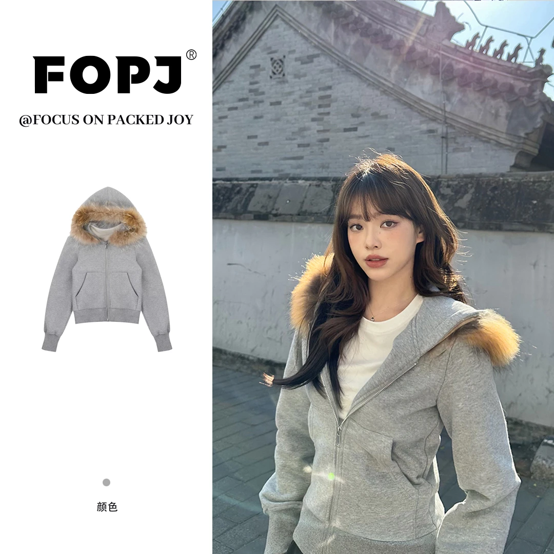 FOPJ韩版加绒毛领时尚保暖连帽开衫卫衣女春秋季长袖修身拉链外套