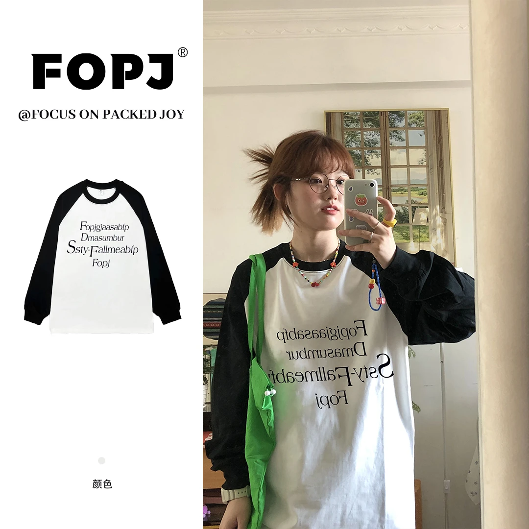 FOPJ春秋雅丹风重磅硬挺纯棉圆领长袖t恤女学生宽松潮流印花上衣