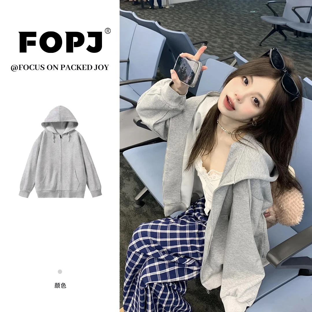 FOPJ美式雅丹风连帽开衫纯色卫衣女春秋时尚潮流加绒加厚拉链外套