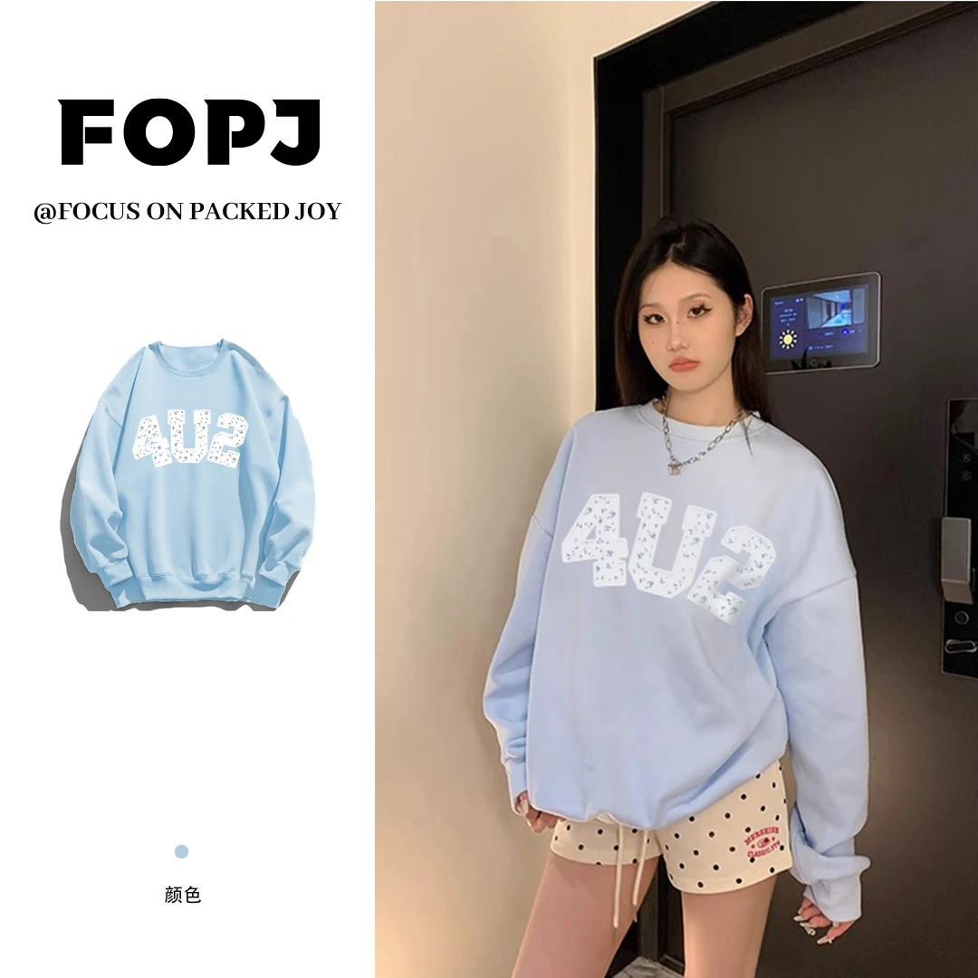 FOPJ春秋休闲宽松银狐绒卫衣女学院风圆领印花加绒加厚长袖上衣