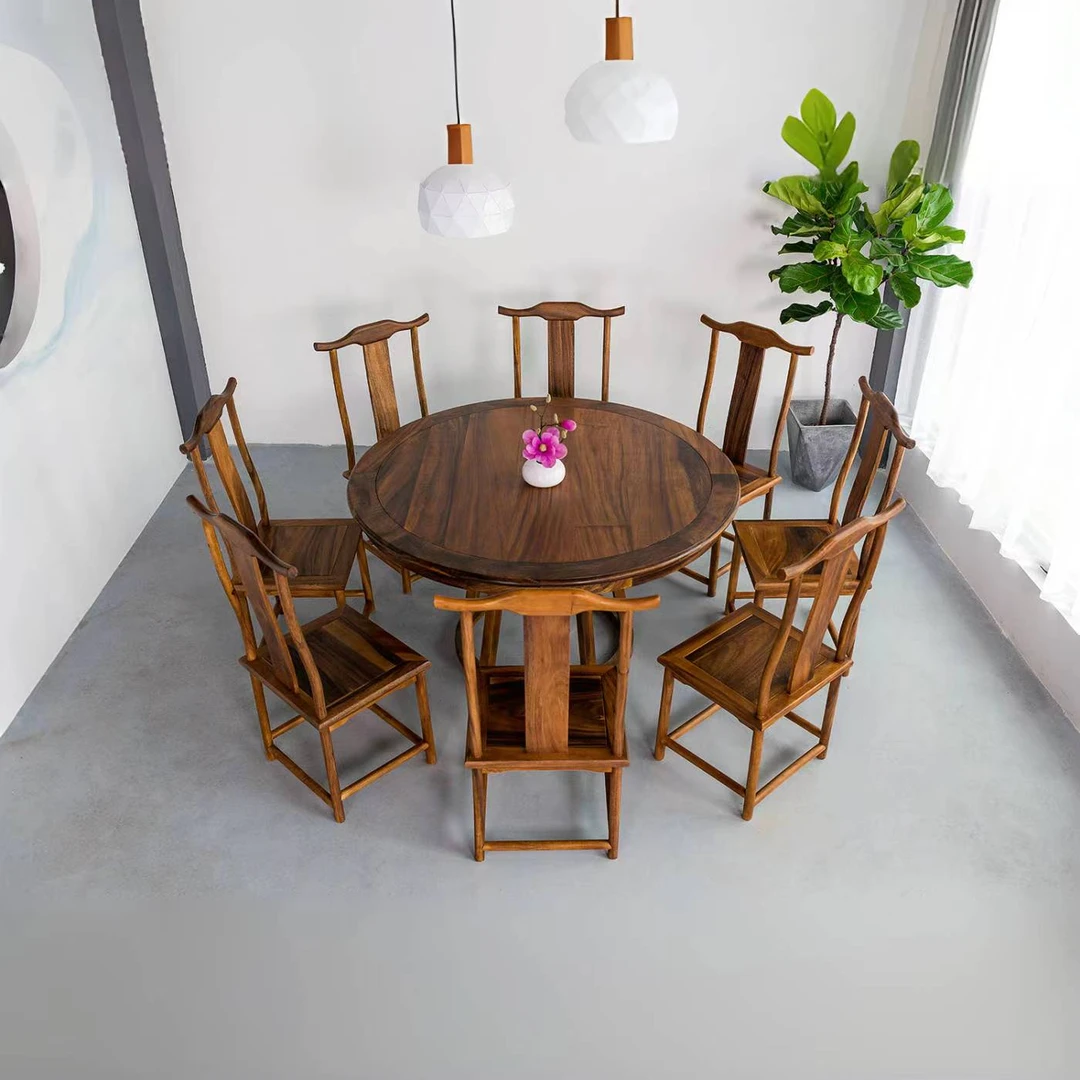 新中式圆意胡桃木餐桌家用全实木客厅禅意圆桌转盘极简餐桌椅组合