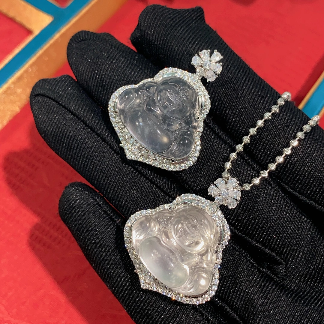 s925银镶嵌石英质玉弥勒佛吊坠磨砂封底两用盖小众玉石佛公小挂件