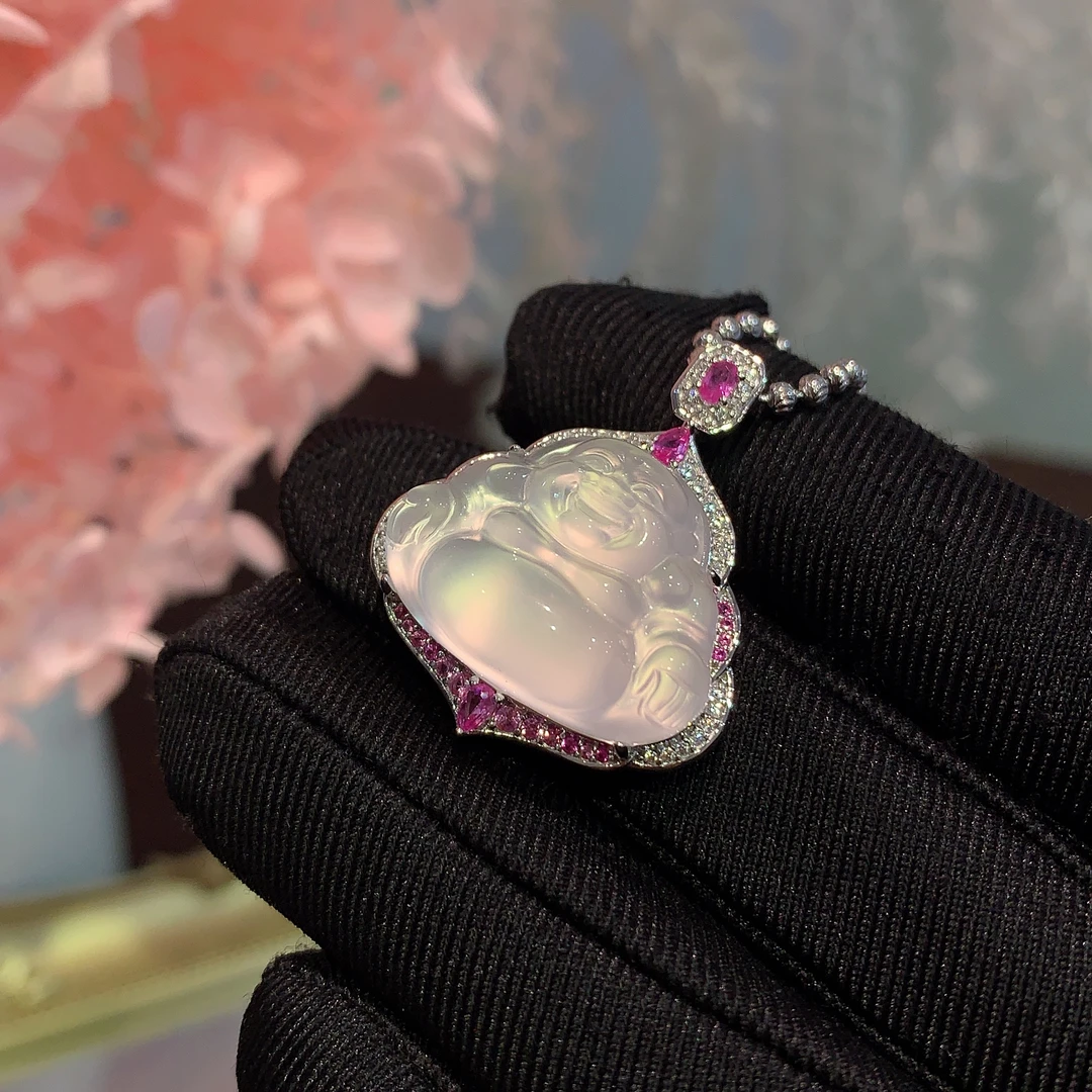 天然石英质玉佛公吊坠小众俄料玉石弥勒佛挂件S925银镶嵌设计感