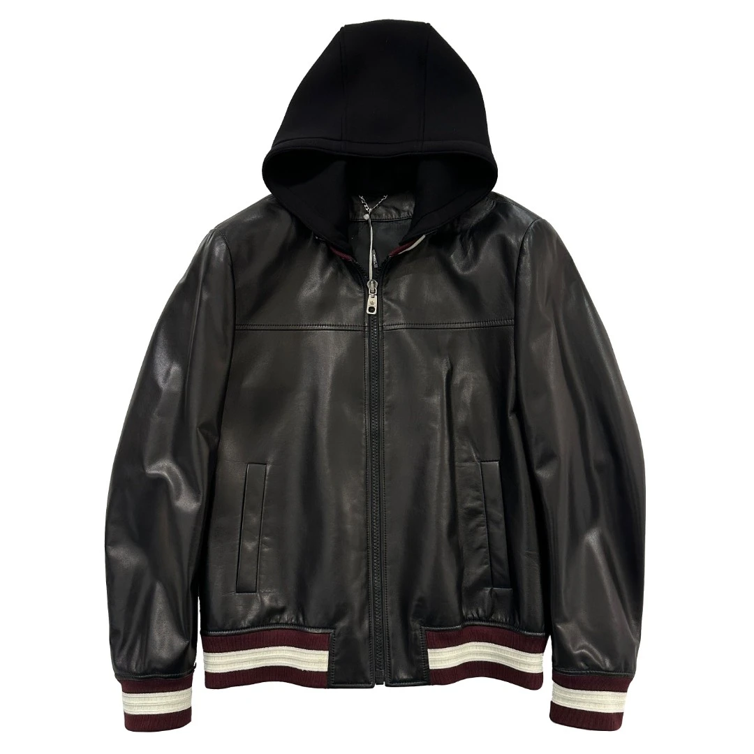 Dite迪特男士秋冬款休闲字母印花时尚百搭撞色潮流连帽皮衣外套