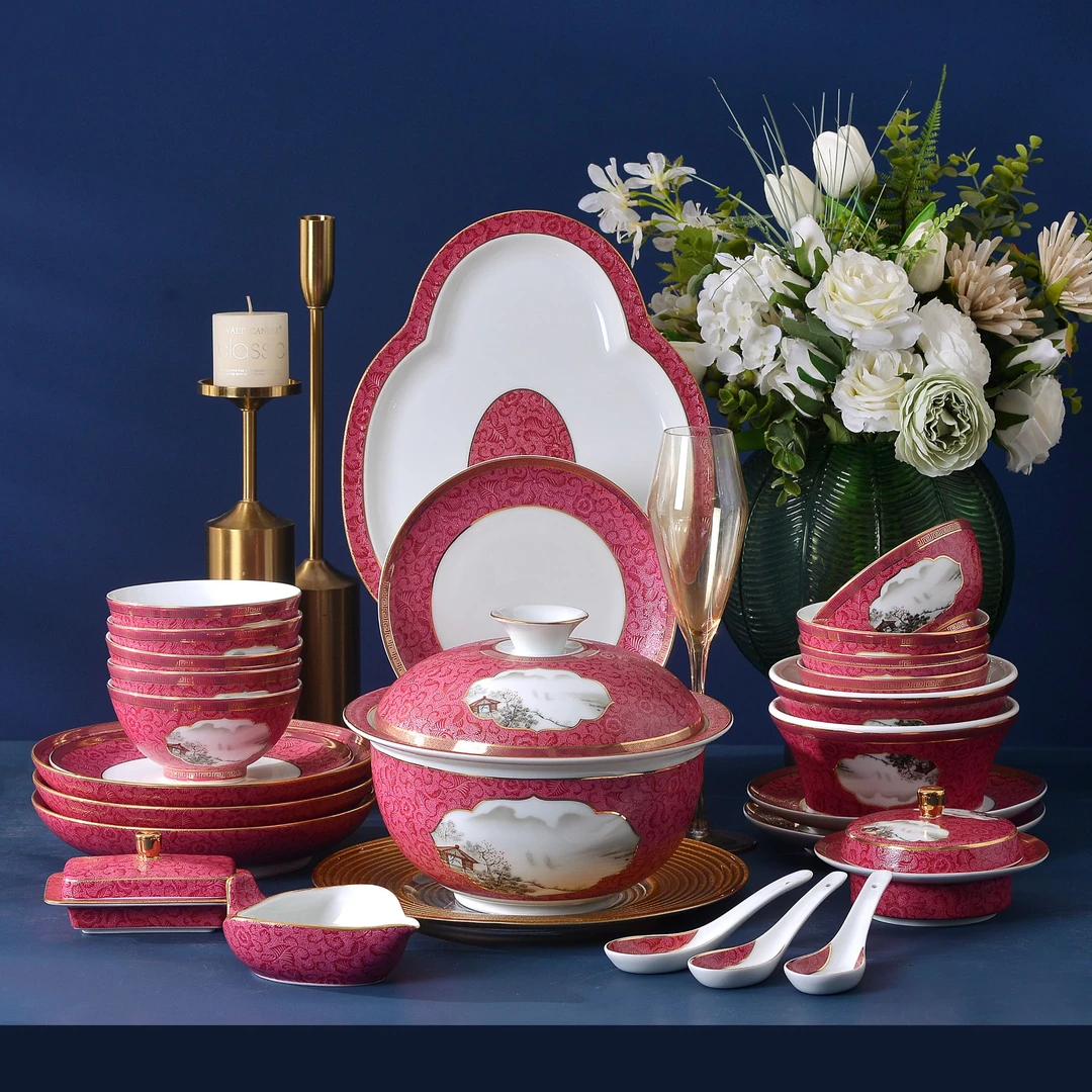 【清韵·胭脂红】70件景德镇浮雕扒花工艺高岭土陶瓷餐具套装