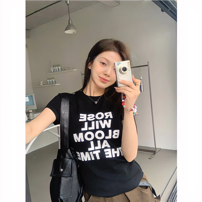 印花正肩短袖女t恤2024爆款洋气美式辣妹微胖显瘦遮肚子短款上衣