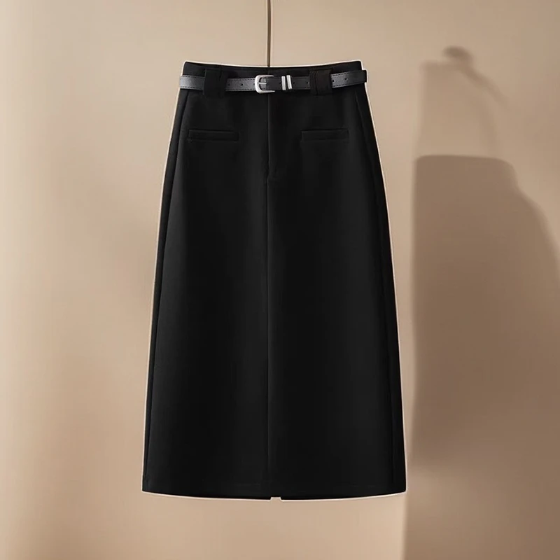 【品牌】毛呢高腰时尚休闲气质百搭显瘦开叉中长包臀A字