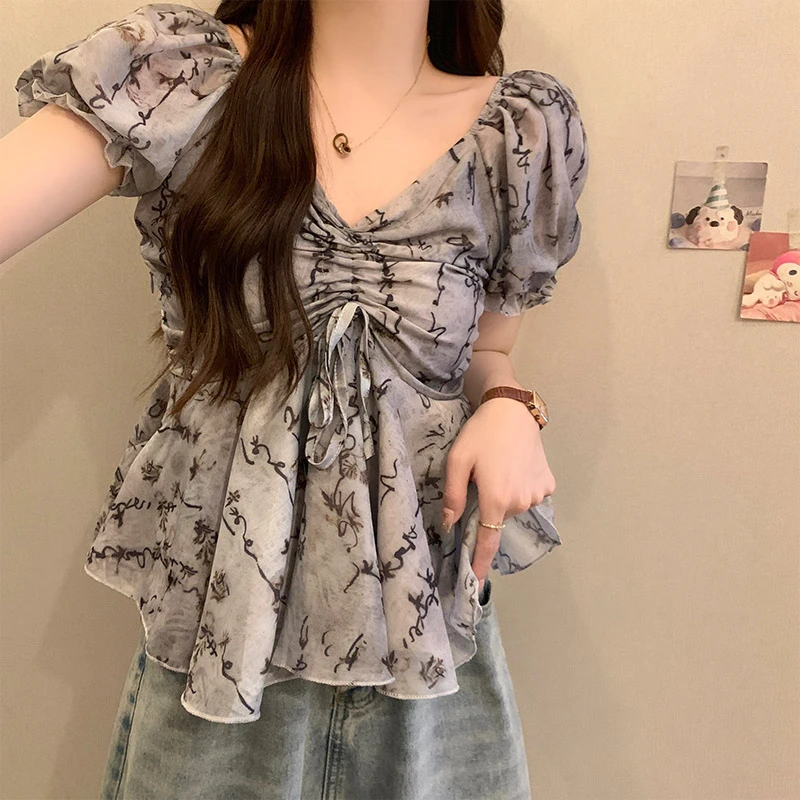 大码女装v领碎花雪纺衬衫女夏季胖mm漂亮减龄遮肉显瘦泡泡袖上衣