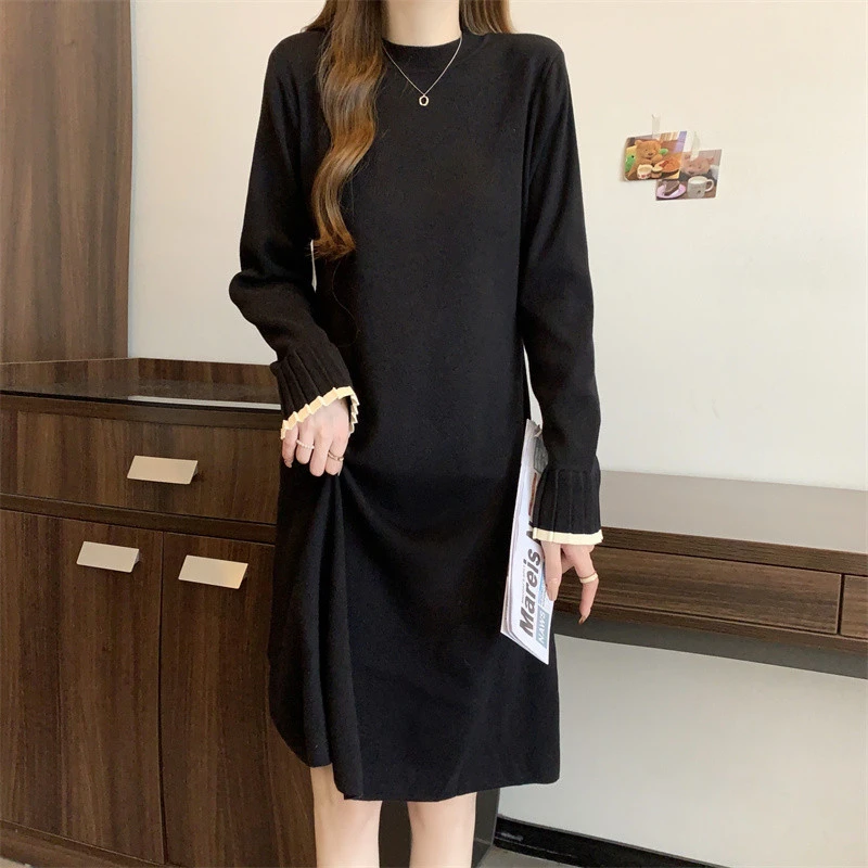 秋冬季内搭针织连衣裙女胖妹妹打底小黑裙小个子中长款a字毛衣裙