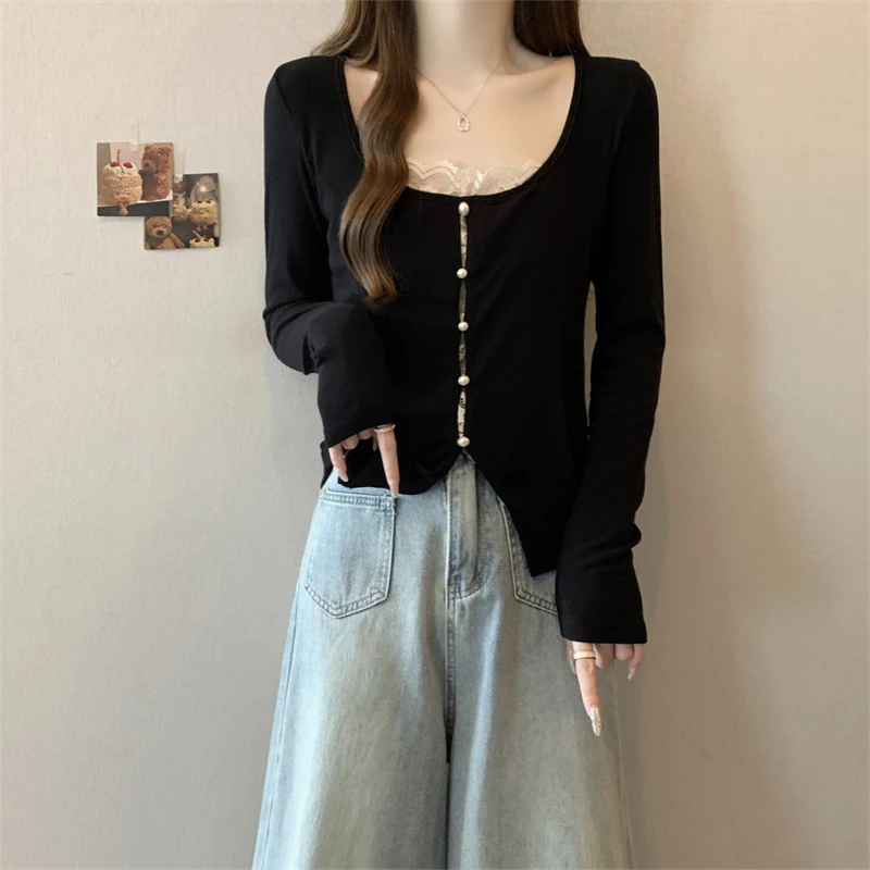 秋季女装打底衫内搭t恤女胖mm气质显瘦蕾丝拼接设计感假两件上衣